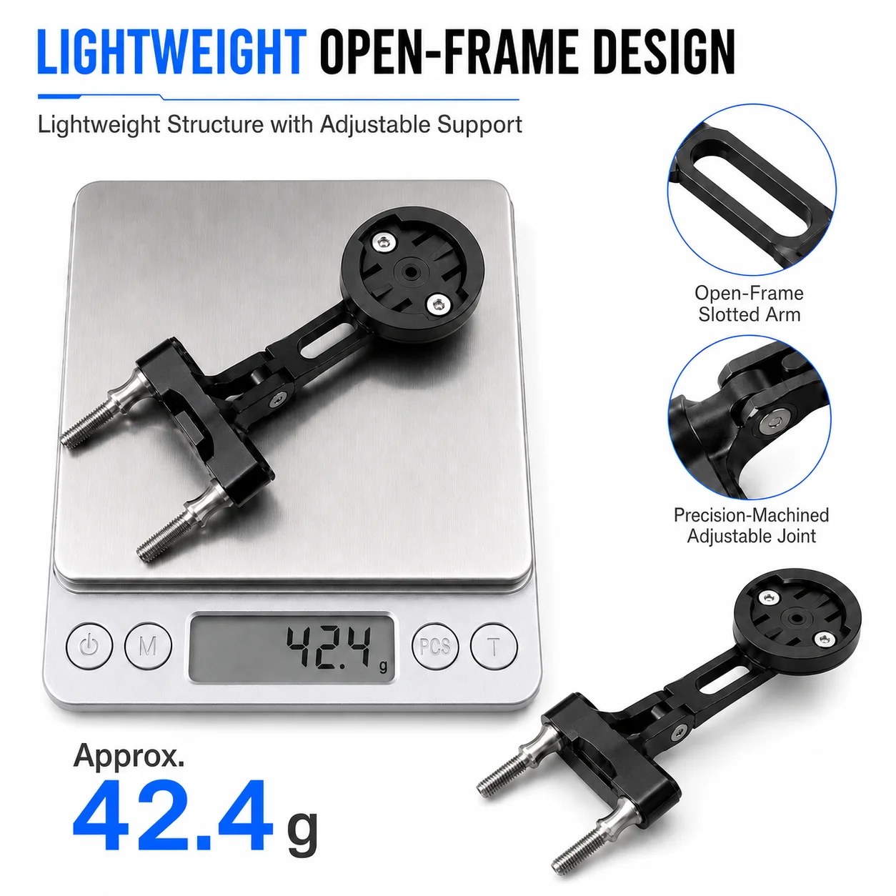 Verstellbare Fahrradcomputerhalterung für Garmin Edge, Zweibolzen-Vorbau, 22-35mm Abstand, 120 ° CNC-Aluminium-Halterung für Straßen- und Mountainbikes – Detail 7