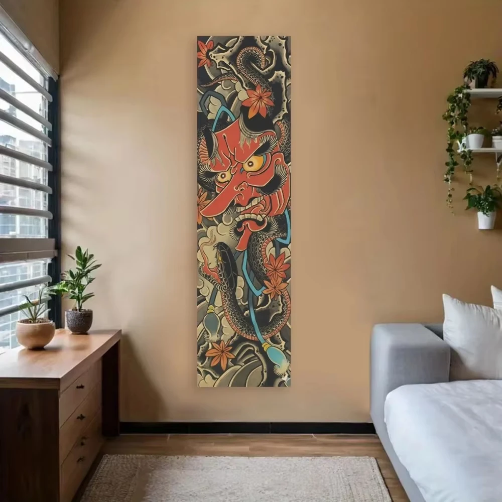 Japanese Tengu Demon Mask Vertical Tapestry, Traditional Tattoo Style Wall Hanging, Red Oni & Snake Art