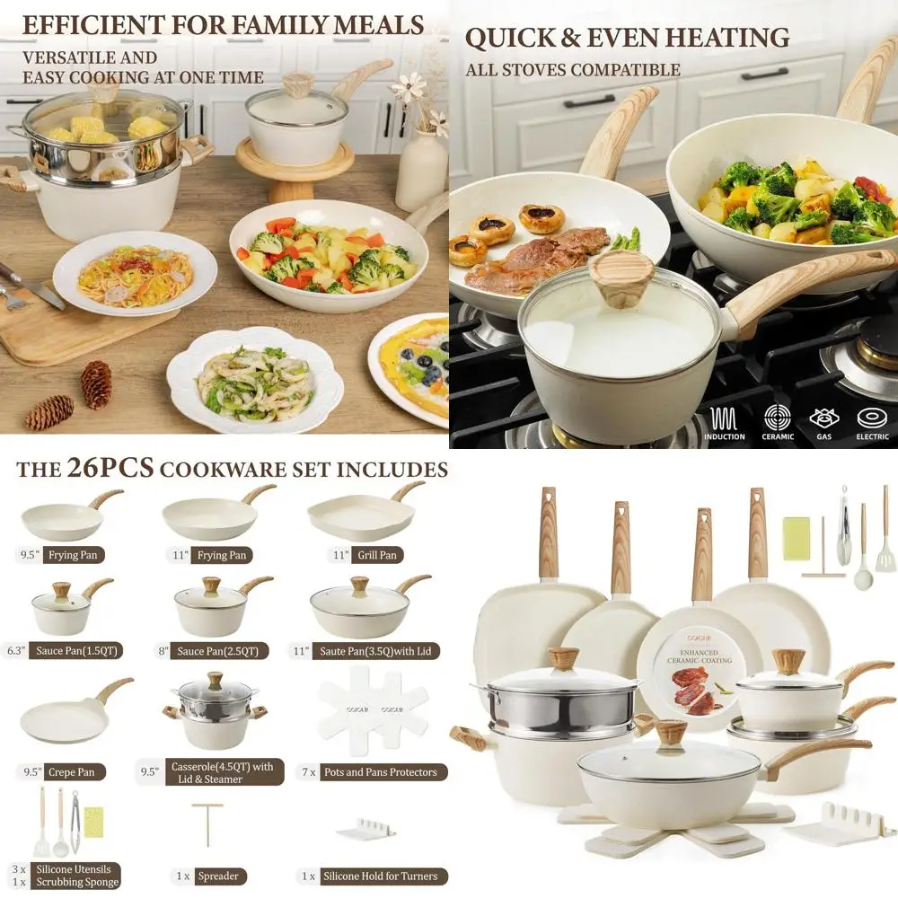 

Cream White 26-Piece Nonstick Ceramic Cookware Set with Steamers, Utensils, Induction-Ready, Oven & Dishwasher Safe, PFAS/PFOA F