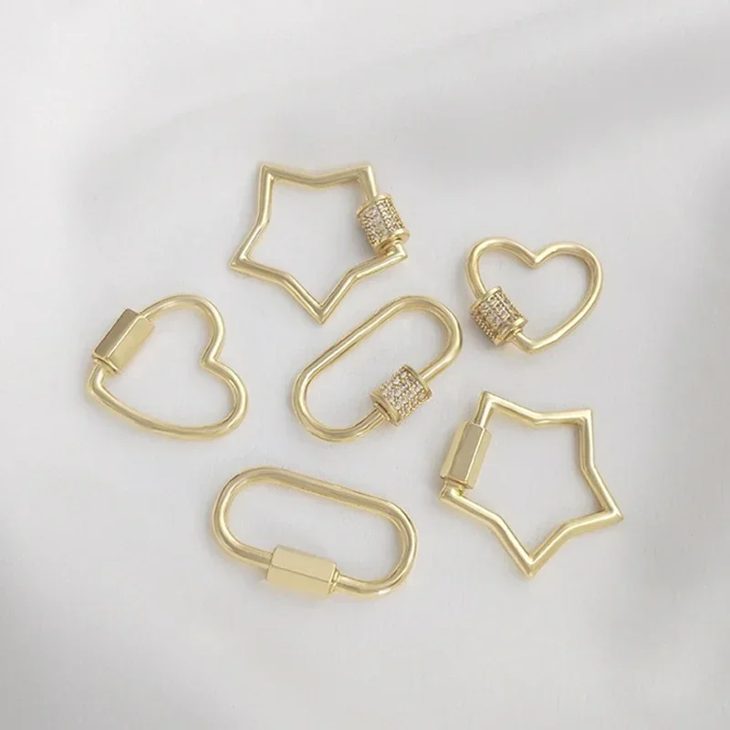 Brass 14K Gold Plated Micro Pave CZ Screw Clasps Heart Carabiner Lock Hook Connector for DIY Necklaces Keychain Jewelry Making