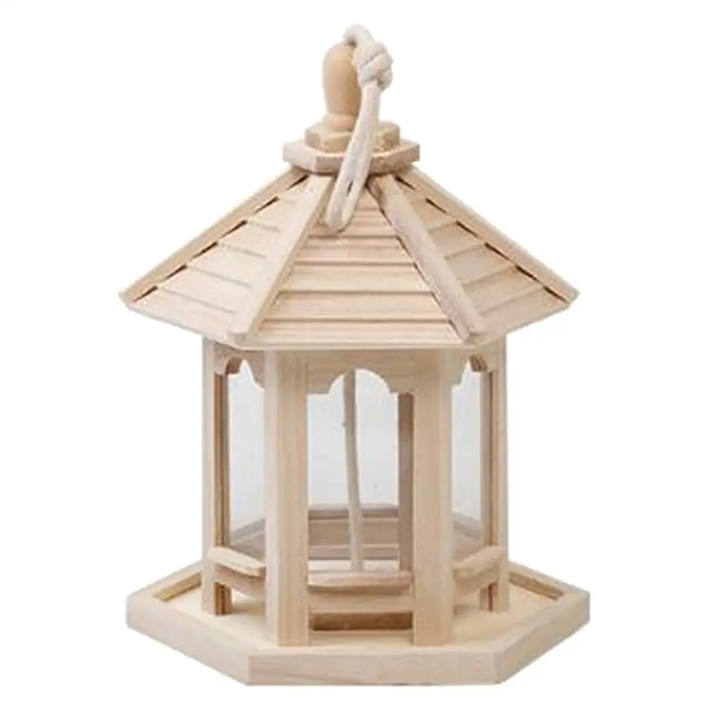 Wooden Bird Feeder Hanging Clear Panel Easy Fill Platform for Wild Birds for Patio Balcony Use