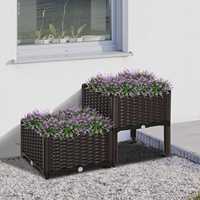 Rattan Raised Bed Double Flower Pot 80x40x44cm with Drainage Hole PP Material Brown for Garden Balcony