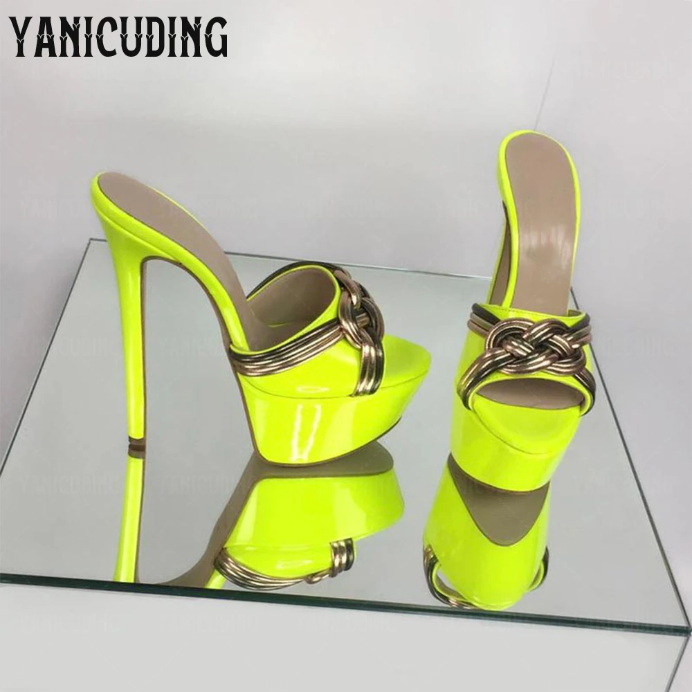 

Platform Stiletto Mules Metallic Knot Accessories Slippers Multicolor Fashion Style Summer Shoes Custom Color Large Size Sandals