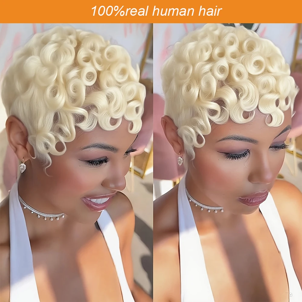 

Kinky Curly Wig Human Hair 613 Honey Blonde Short Pixie Cut Wig Length 6 Inches Density 180% Full Machine Made Wigs For Women