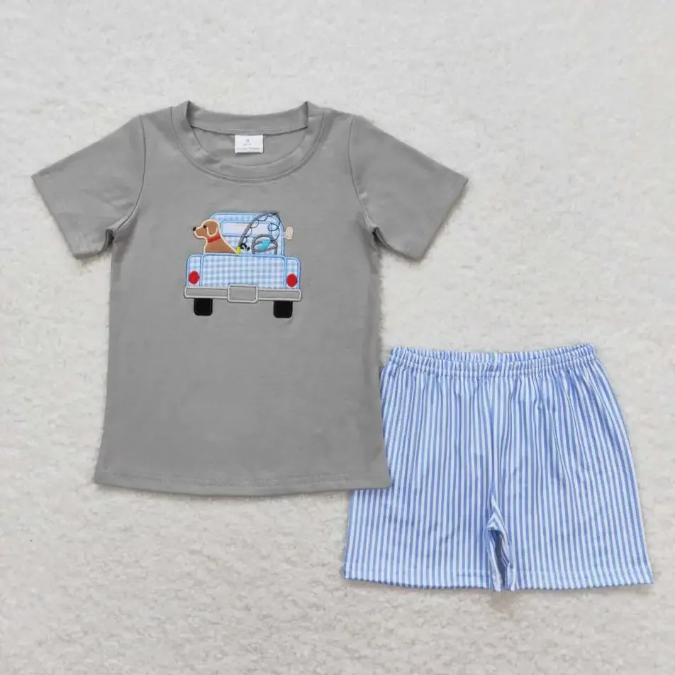 Newest Kid Hot Sale Cute Boys Outfits Fashion Summer Baby Boy Gray Dog Trunk Shorts Set 2 Pieces Sets Kid Clothes Hot Designer