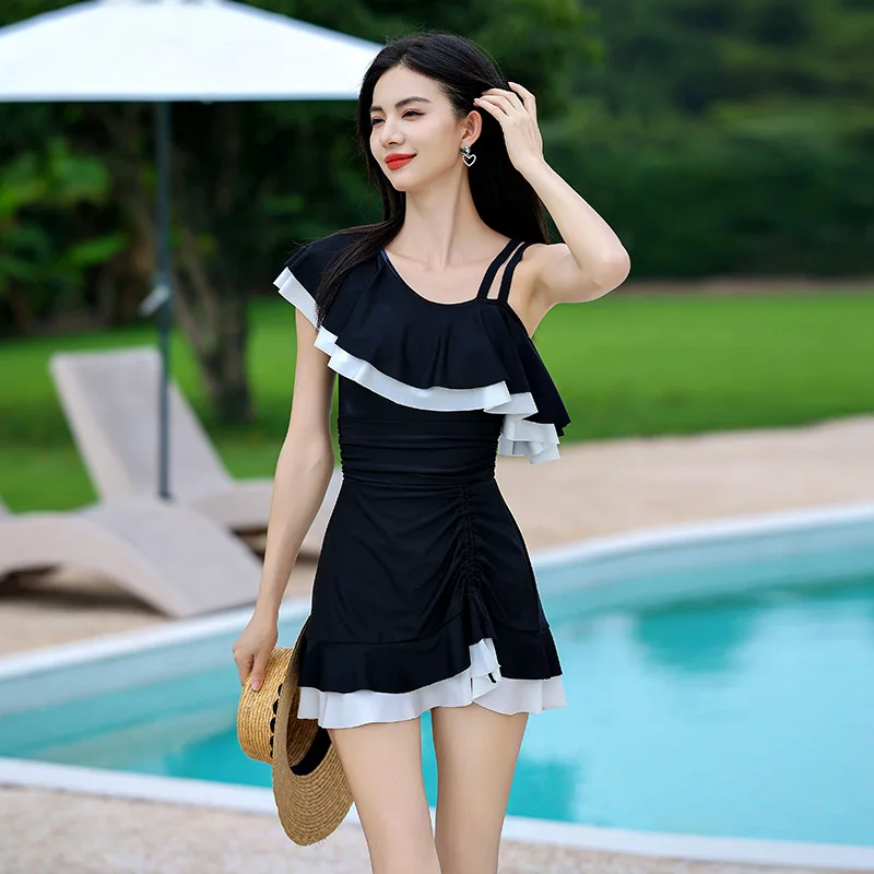 2024 New Korean Ruffle One-piece Swimsuit Women Korean Sexy High Waist Slimming Bathing Suit Summer Beach Holiday Black Swimwear