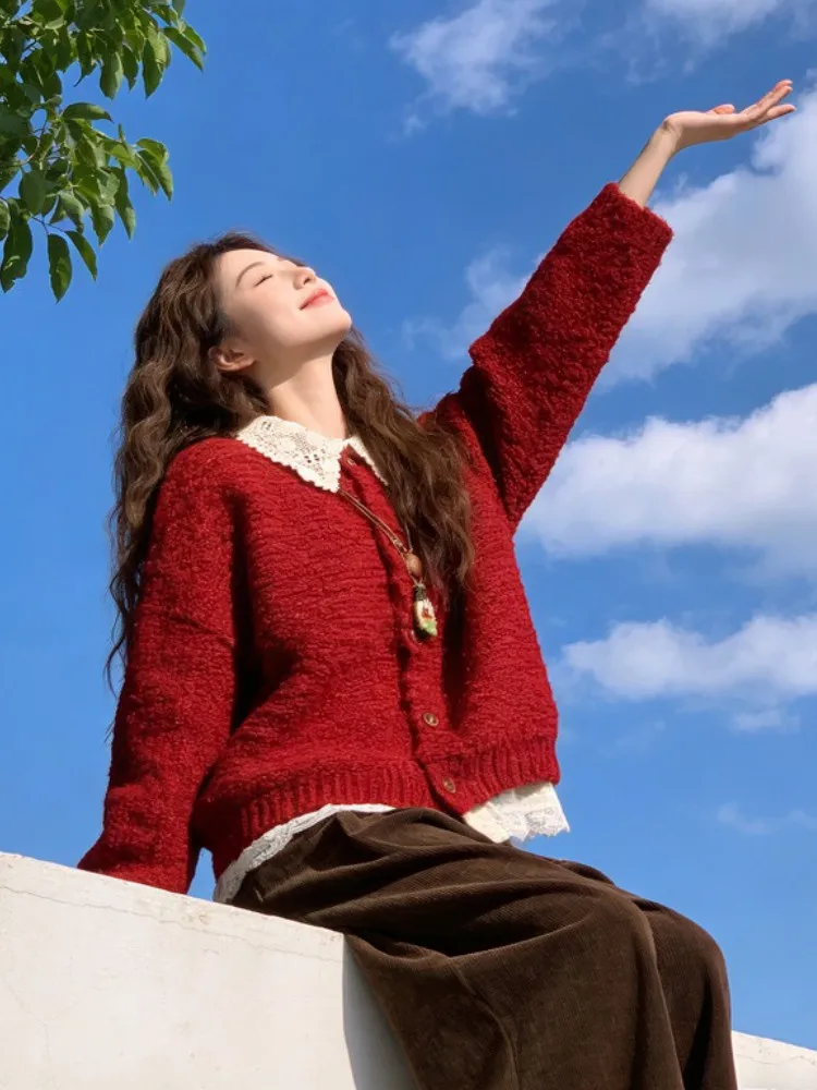 

Red Thiened Lazy Sle Knitted Sweater Women's Faion Autumn Winter New Arrival Chic mat Vintage Open Cardigan