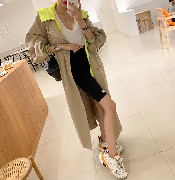 

Цветное пальто с капюшоном, женское свободное пальто Lazy Sle, осень-весна, хлопковая рабочая одежда, двубортное длинное пальто-фонарь Све