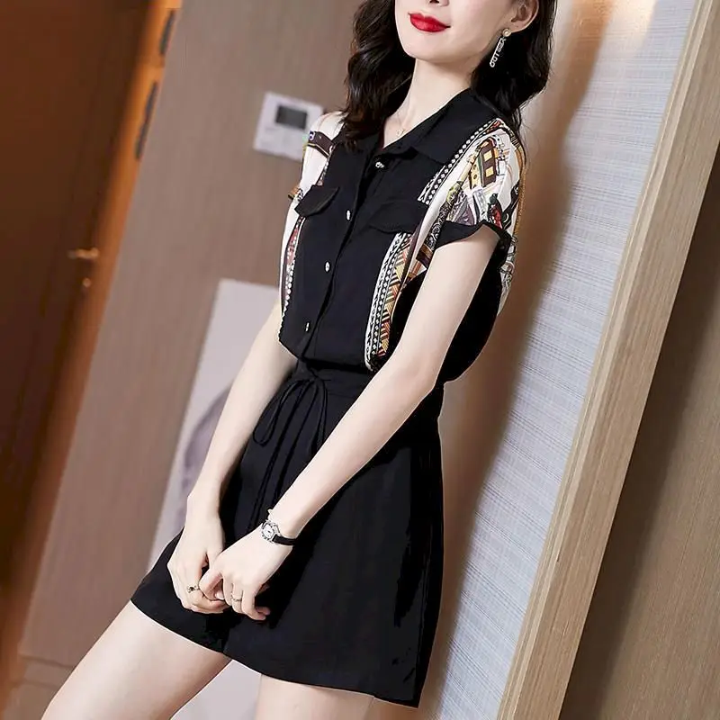 Fashion Jumpsuit Wanita Musim Panas 2024 Jumpsuit celana pendek longgar kemeja lengan pendek pinggang tinggi tipis celana kaki lebar overall playsuit