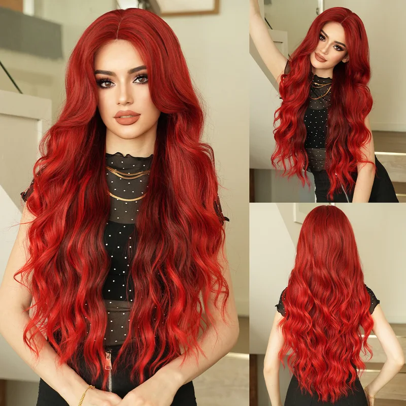 Small lace full headpiece, deep rose gradient red high-quality long curly wig with a center perfect for women's part