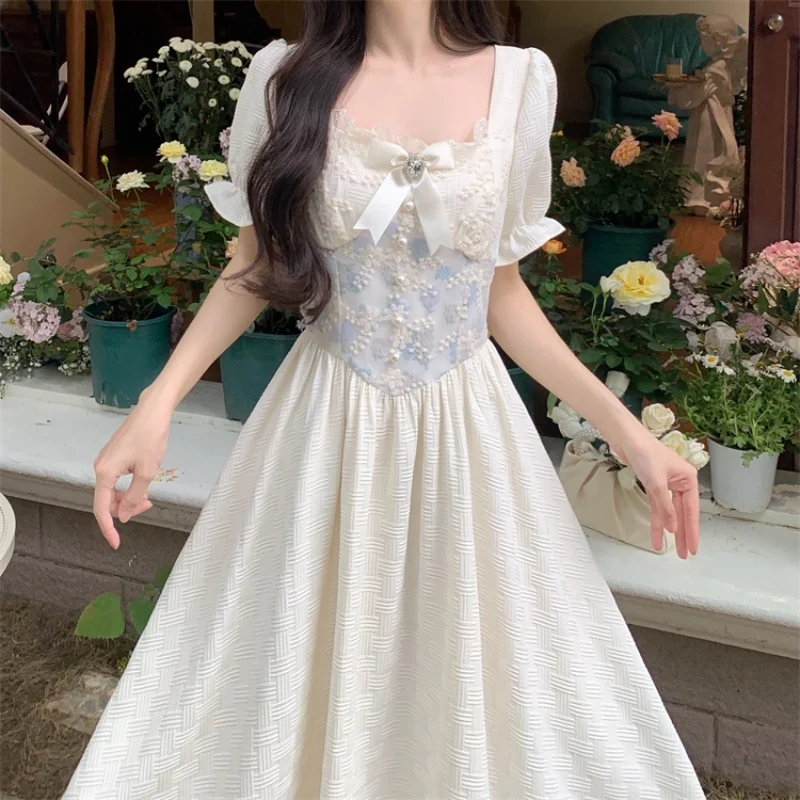 Vintage Victorian Style Large Size Fairy Dress Woman Summer Jacquard Embroidery Bow Puff Sleeve Sweet Princess Dresses Faldas
