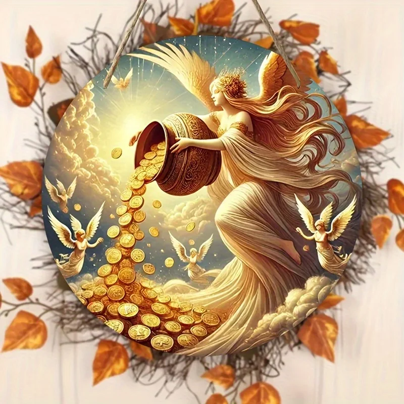 2D Flat, 1pc Angel Wealth Wall Decor - Handcrafted Wooden Circular Sign with Golden Coins & Doves, American Folk Art Style Door