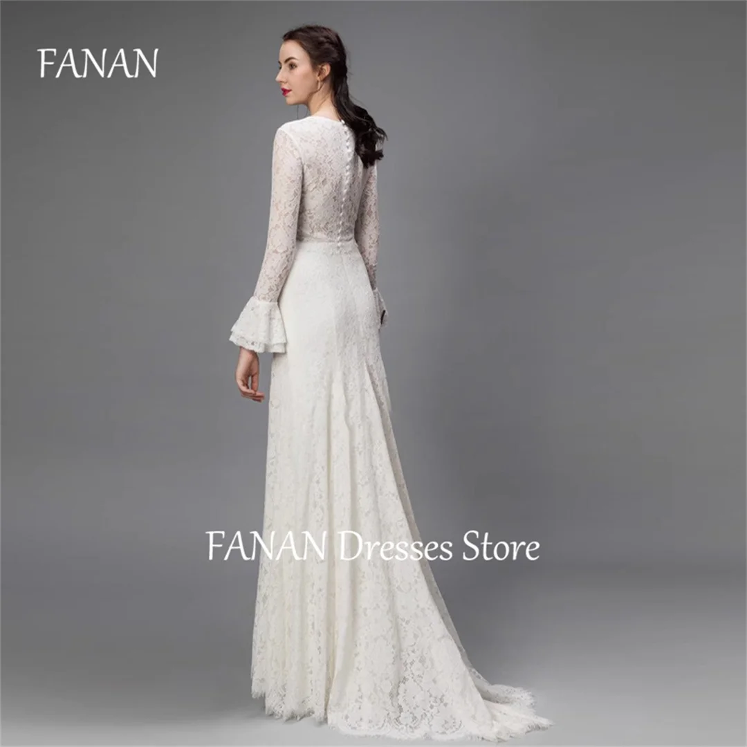 FANAN High O-Neck Korea Wedding Dresses Bell Sleeves Floor Length 웨딩드레스 Ivory Mermaid Lace Custom Made Bride Gowns Plus Size