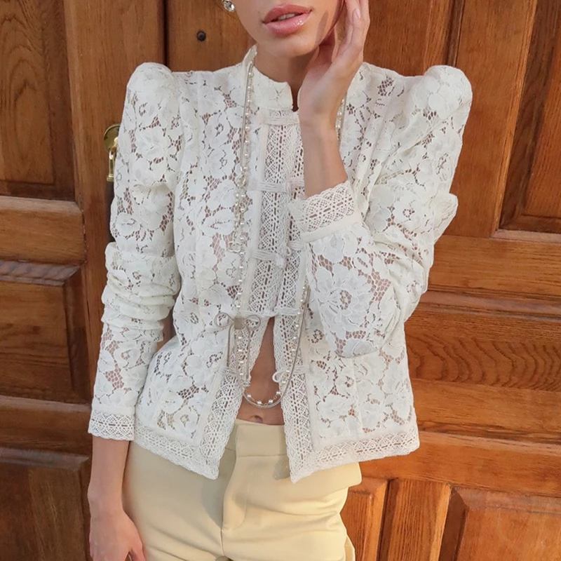 

Summer Lace Crochet Stand Collar Slim Fit Blouses for Women Fashion Design Commuting Embroidery Jacquard Party Shirts New 2025