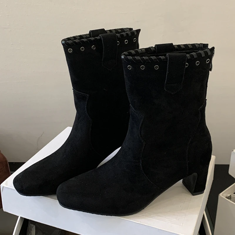 

Eilyken/зимние женские ботильоны в стиле панк с лаконичным круглым носком, модная удобная обувь на низком каблуке с квадратным каблуком и молнией, женские ботильоны