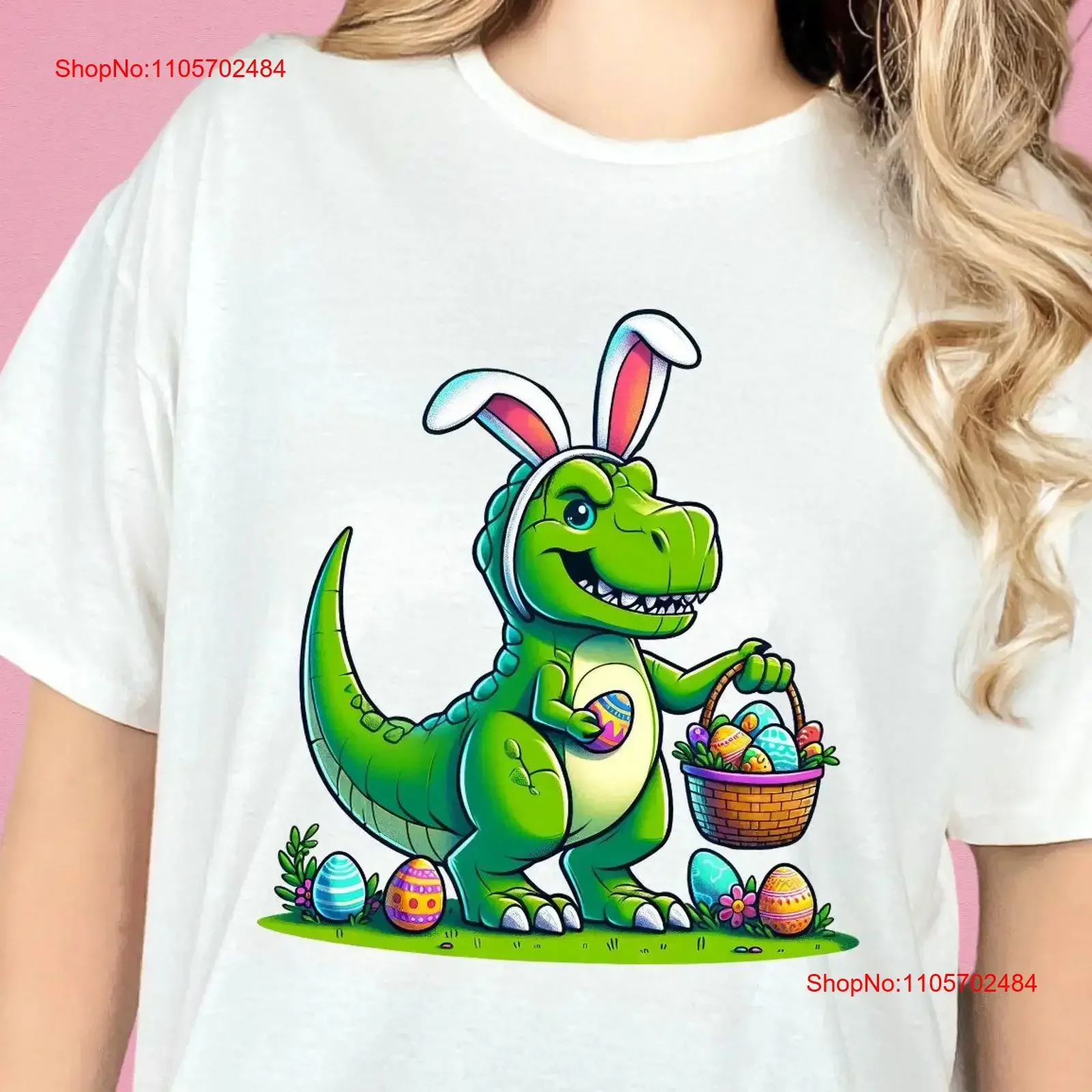 Easter T Rex Dinosaur Shirt with Bunny Ears Egg Basket Unique Top For Him Her PerfecT Lovers vintage Washed fashion Comfortable