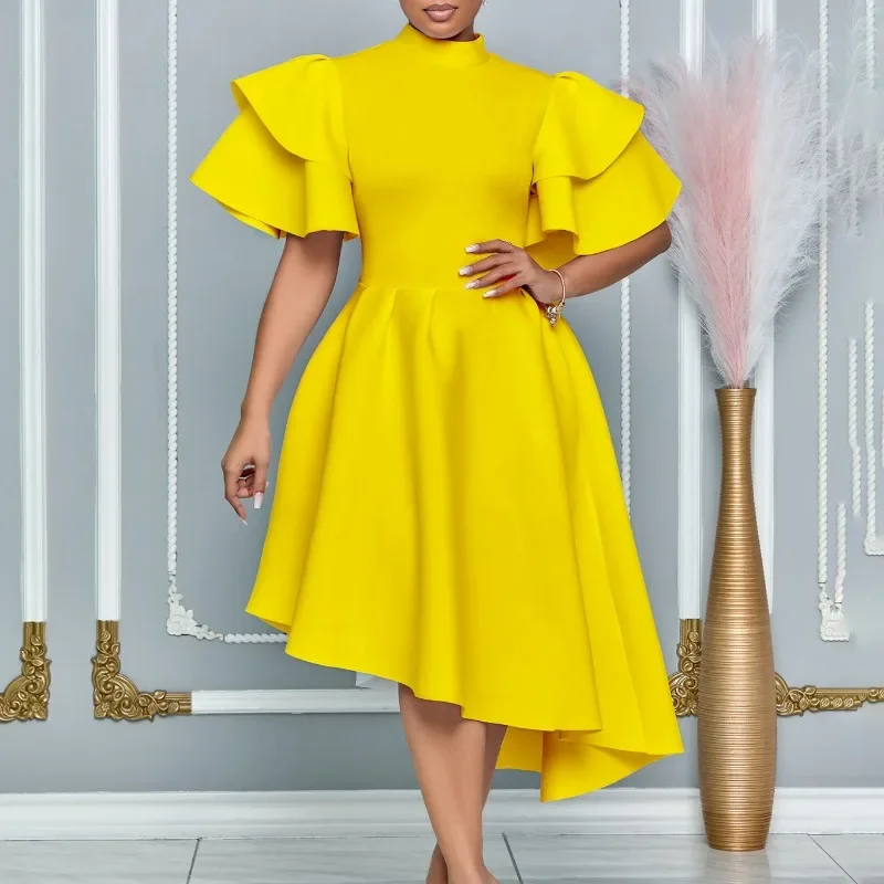 2025 African Party Evening Dresses for Women Summer Fashion African Short Sleeve Polyester White Yellow Orange Midi Dress S-3XL