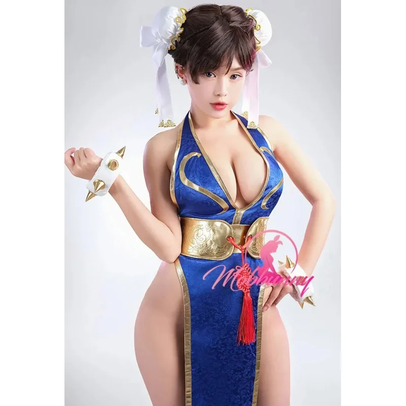 

Mobbunny Women Cheongsam Sexy Lingerie Set Chun Li Derivative Deep V High Slit Dress with Belt Hand Rings