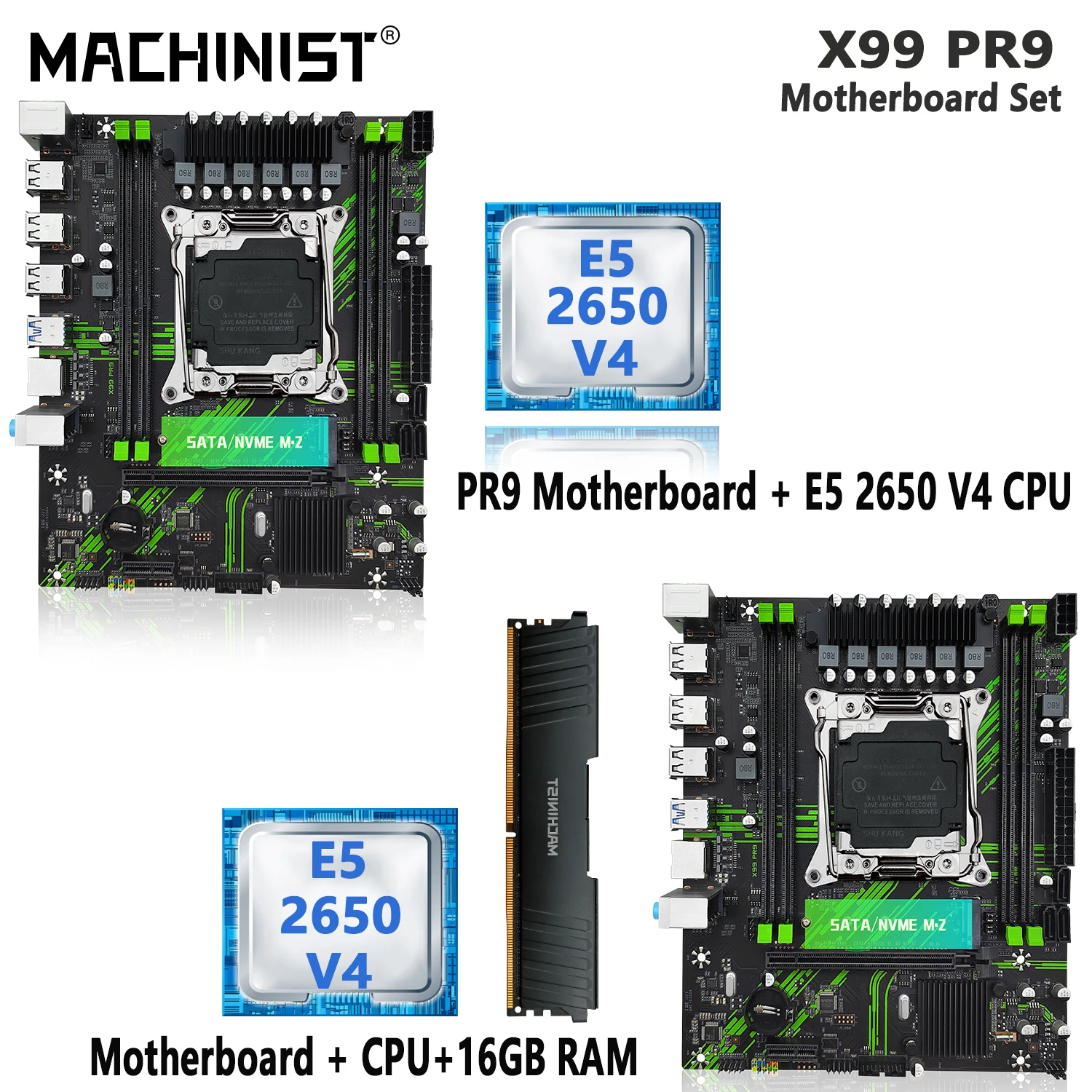 MACHINIST PR9 X99 마더보드 세트, LGA 2011-3 키트, Xeon E5 2650 V4 CPU 프로세서, 16GB DDR4 ECC RAM 메모리 SSD NVME M.2 