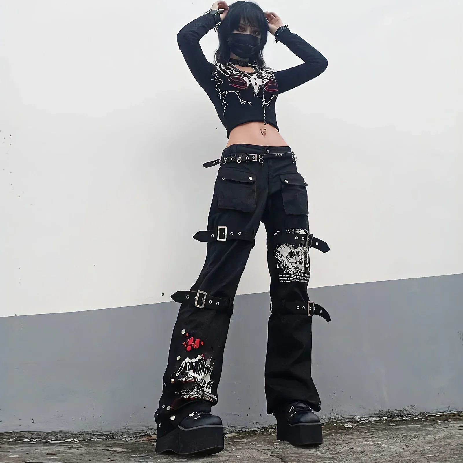 American Punk Style Black Jeans Woman Summer Streetwear Graffiti Cargo Pants Metal Buckle Fashion Vintage Straight Flared Pants