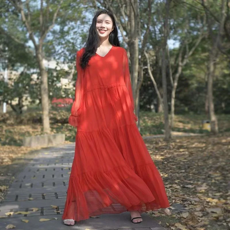 2026 Spring/Summer Elegant Women Chiffon Long Dress Long Sleeve Seaside Vacation Beach Dress Solid Color Elegant Ladies Vestidos