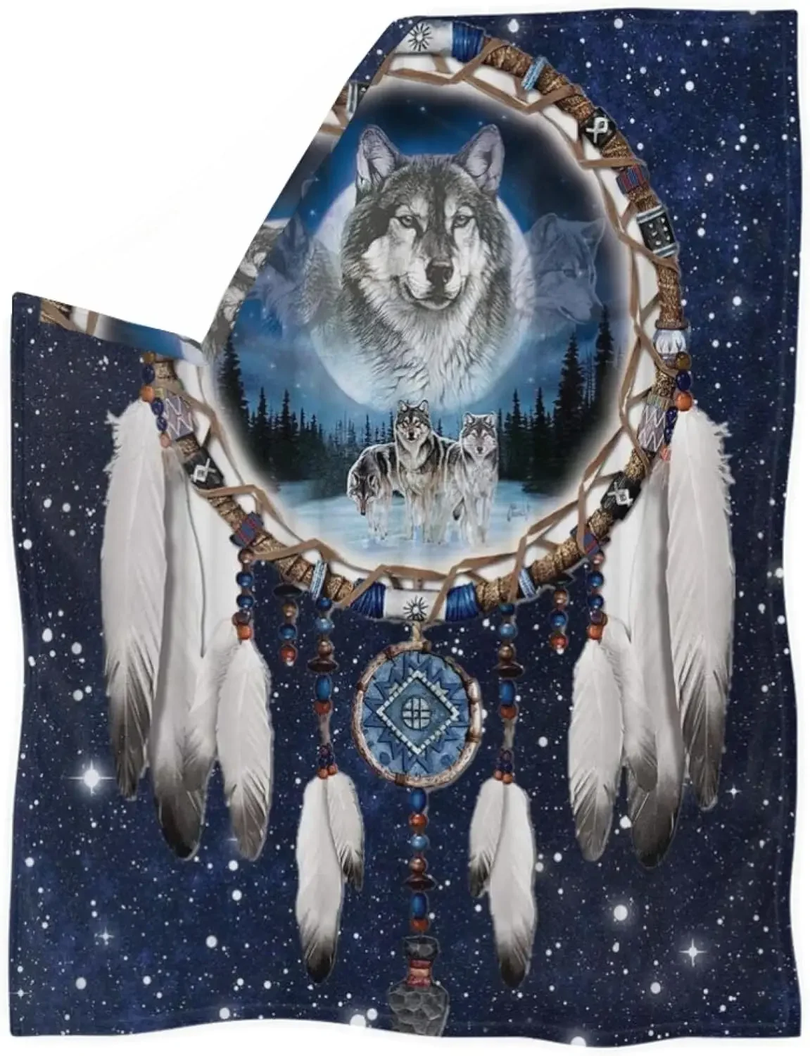 Animal Wolf Blanket for Kids Adults, Blanket Suitable for Bed and Sofa, Dream Catcher Wolf Travel Blanket Portable