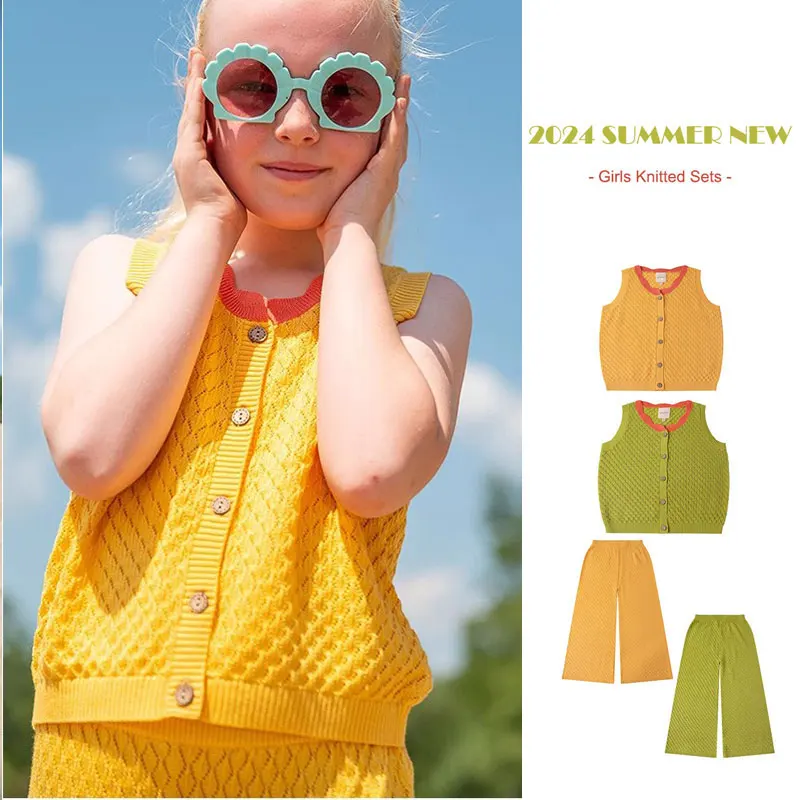 Girls Retro Knitted Vest Pants Sets 2024 Summer Brands Solid Knitting Sleeveless Top Loose Pants Sets Girls Clothes Kids