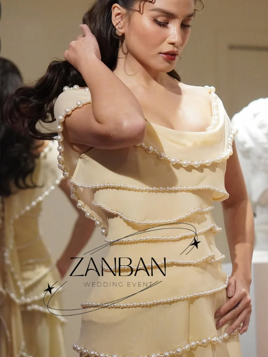 ZanBan Modern Beige Chiffon Evening Dresses Tiered Pearl Prom Gown 2026 Pleat Off Shoulder Formal Occasion Dresses Customized image 4