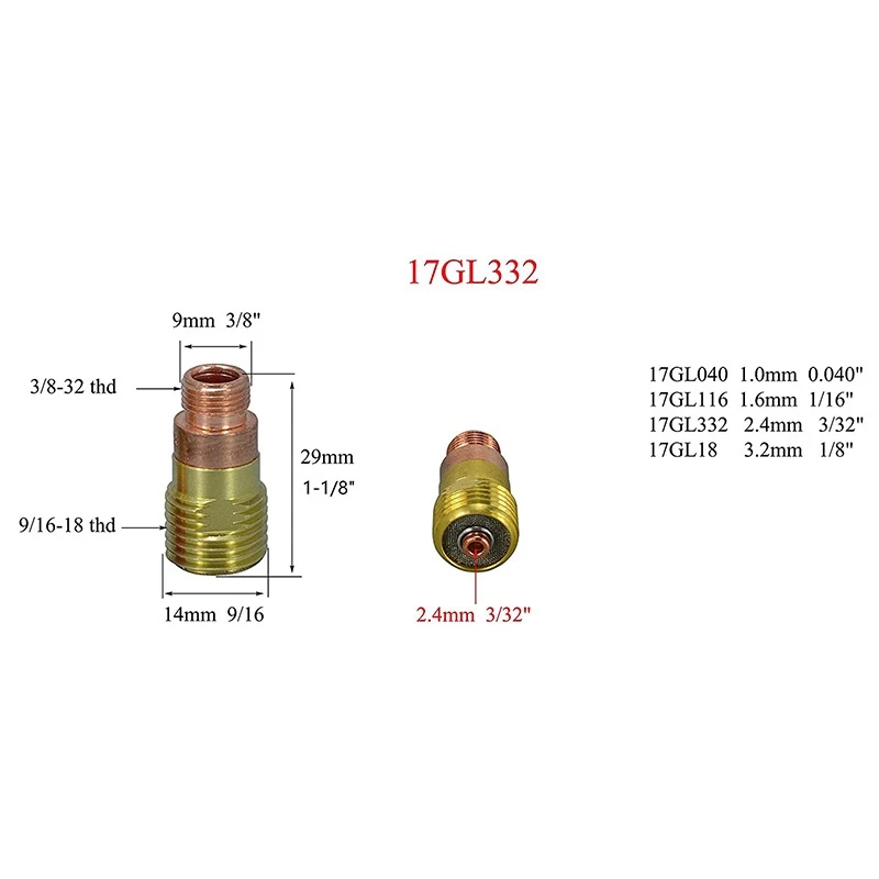 TIG Stubby Gas Lens Collet Body 17GL332 12 13/16Inch TIG Gas Lens Insulator For SR WP 17 18 26 TIG Welding Torch 9Pcs