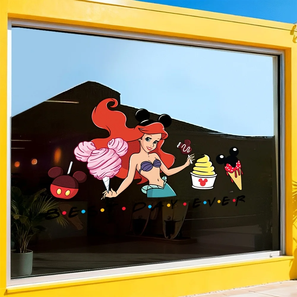 1 ملصق نافذة ديزني بيوتي آند ذا بيست آرييل، يتميز بوجبات خفيفة ونص ميكي ماوس - مناسب للزجاج والجدران والثلاجات والمرايا وديكور الغرفة