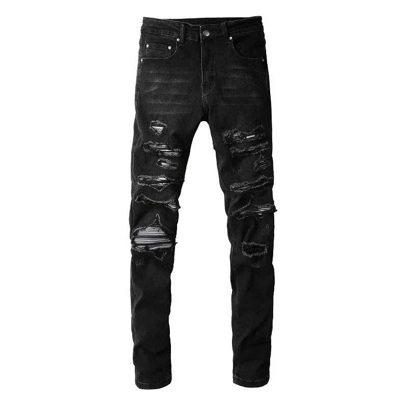 Men Black High Street Trendy Brand Jeans Premium Men New Style Patchwork Elastic Slim Fit Ripped and Slimming Ankle-Length Jeans