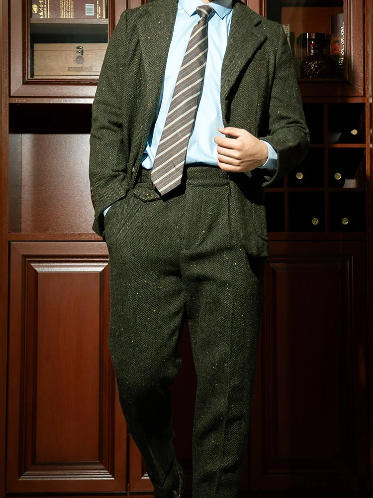 Winter American retro tweed Breezer suit made of pure wool fabric, slim fit suit with two button cuffs that can be opened