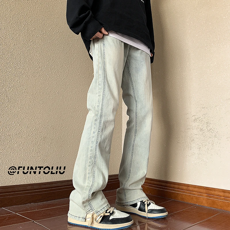 

American Sle Flared Jeans Men's Spring Autumn High Street Yellow Mud Straight Leg Trendy Vintage Casual Long Pants