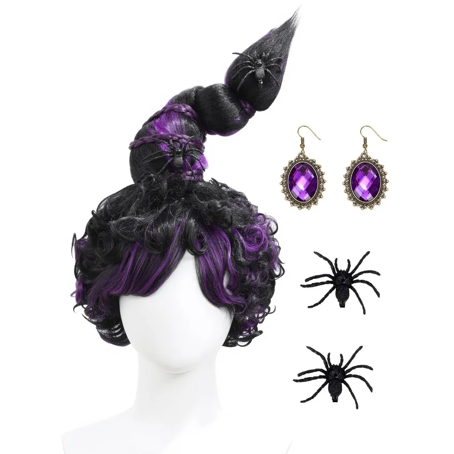 شعر مستعار أسود أرجواني للنساء البالغات، شعر مستعار مضفر مسبقًا لحفلات الهالوين