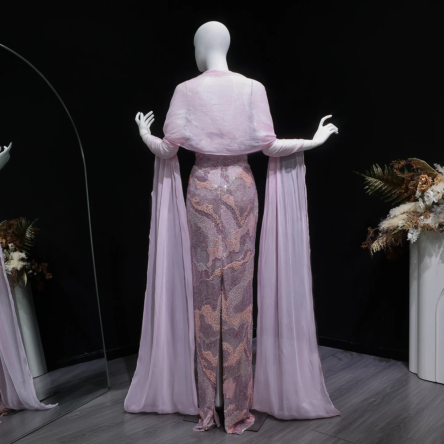 Sharon Said Abendkleider Luxuriöses Etuikleid mit Herzausschnitt, Tüll, Perlen, Cape, Pailletten, Dubai, formelles Hochzeits- und Partykleid SS658, maßgeschneidert – Detail 12