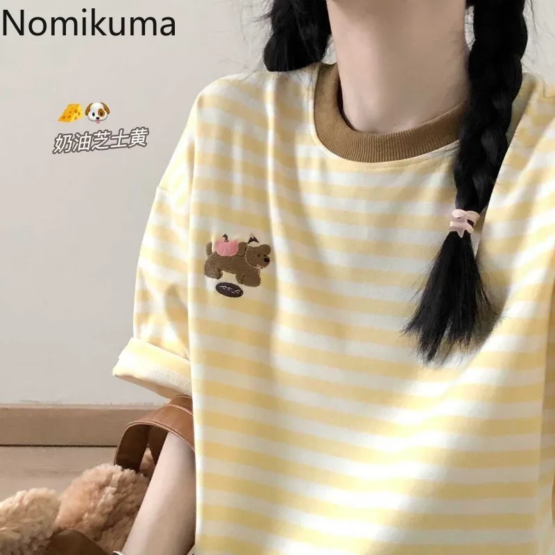 

2025 Women Clothing Striped T Shirts Dog Striped Tees Oversized Tops Short Sleeve O-neck Camisetas Chic Casual Summer Tshirt