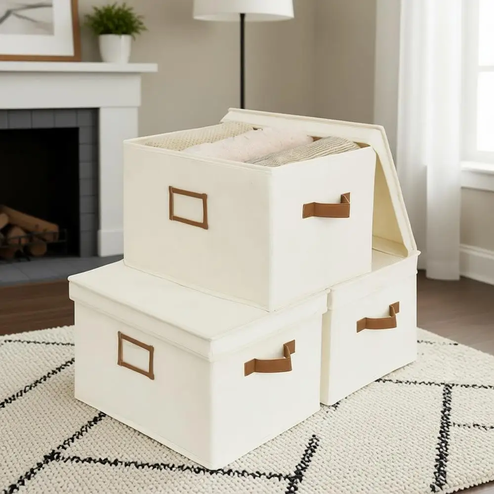 

Набор из 3-х больших складных контейнеров для хранения цвета слоновой кости с декоративными крышками и ручками из ПУ.