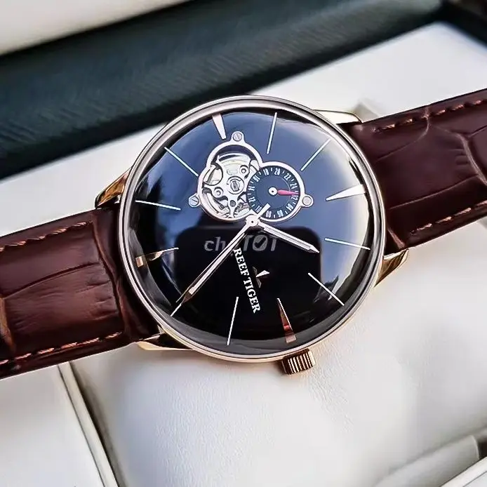 Reef Tiger Men Automatic Watch 40mm Mechanical Wristwatch 50M Waterproof Luminous Bubble Sapphire Mirror 24 Hours Miyota Mov