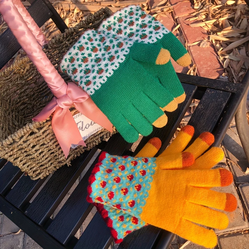 قفازات لطيفة منسوجة بنمط الأزهار للنساء ، إصبع مقسم مرن ، شاشة تعمل باللمس ، ملونة ، أنثى ، شتاء #4