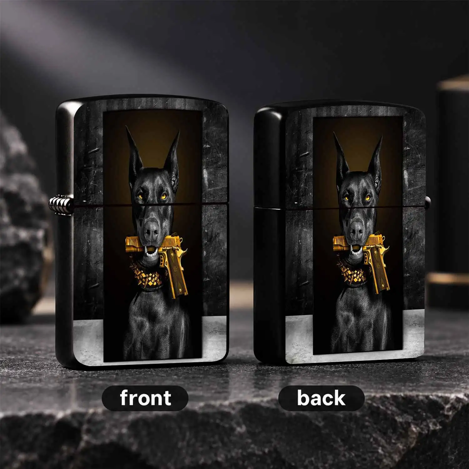 Trendy Cool Black Doberman with Golden Pistol Print Lighter, Portable Stylish Accessory for All Daily Scenes, Unique Decorative Practical Item, Nice Gift Choice for Friends and Hobbyists, Durable High-Definition Patterned Exquisite Carry-o