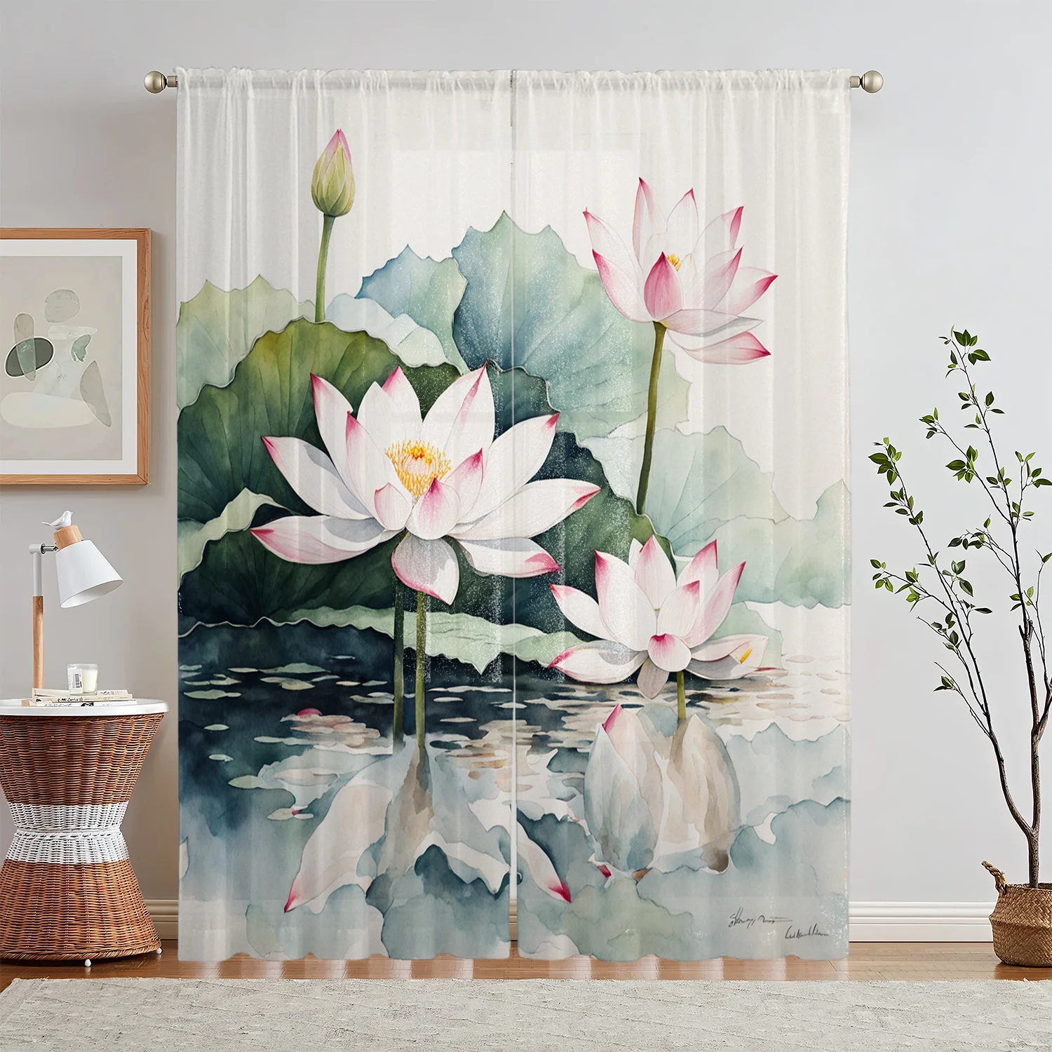 2-Pack HD Digital Window Screen Printing Simulation White for Lotus Curtain, Style Home Decor for Living Room and Bedroom,
