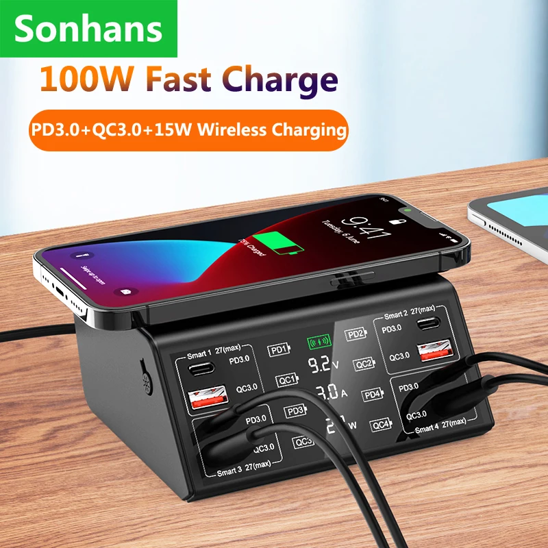 

100W 8 Ports Charger 15W Fast Charging QC3.0 18W Multi USB Quick Charger Station Smart LED Display For IPhone14 13 XR Sumsung