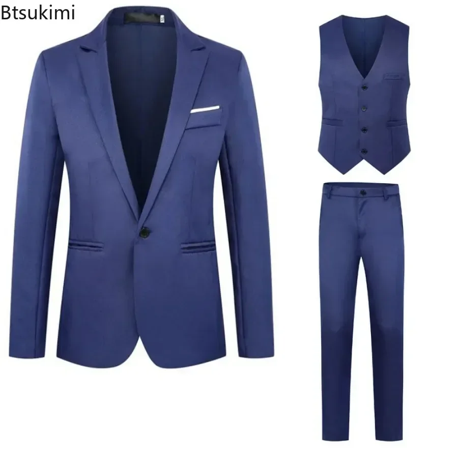 2025 Men's Blazers Suit Sets Wedding Office 3PCS Blazer+Vest+Pants Suits Slim Fit Single Buckle Business Club Party Sets for Men