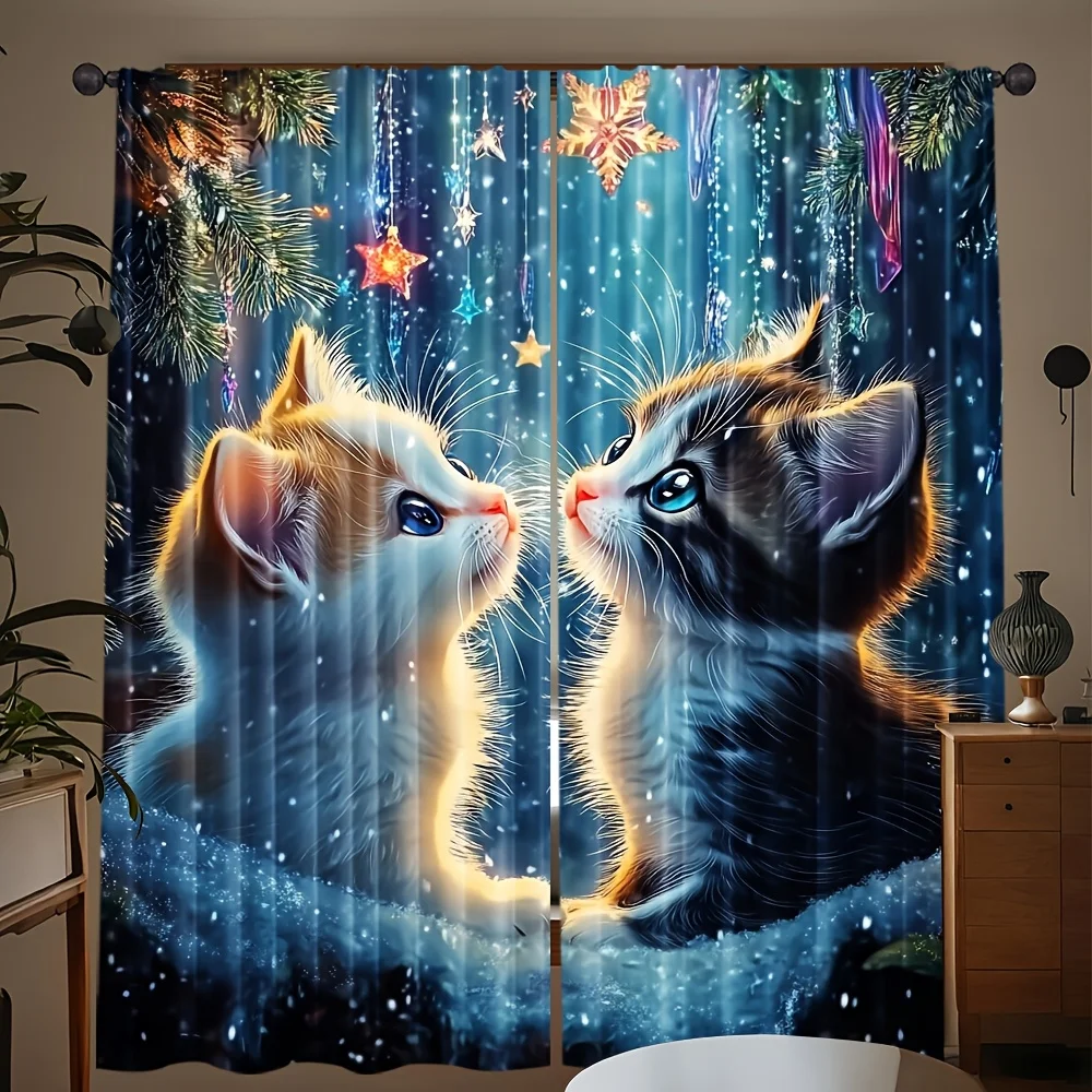 Cute Christmas Kitten Curtains Winter Holiday Festival Window Drapes Magical Cat Snowfall Xmas Home Decor Panels