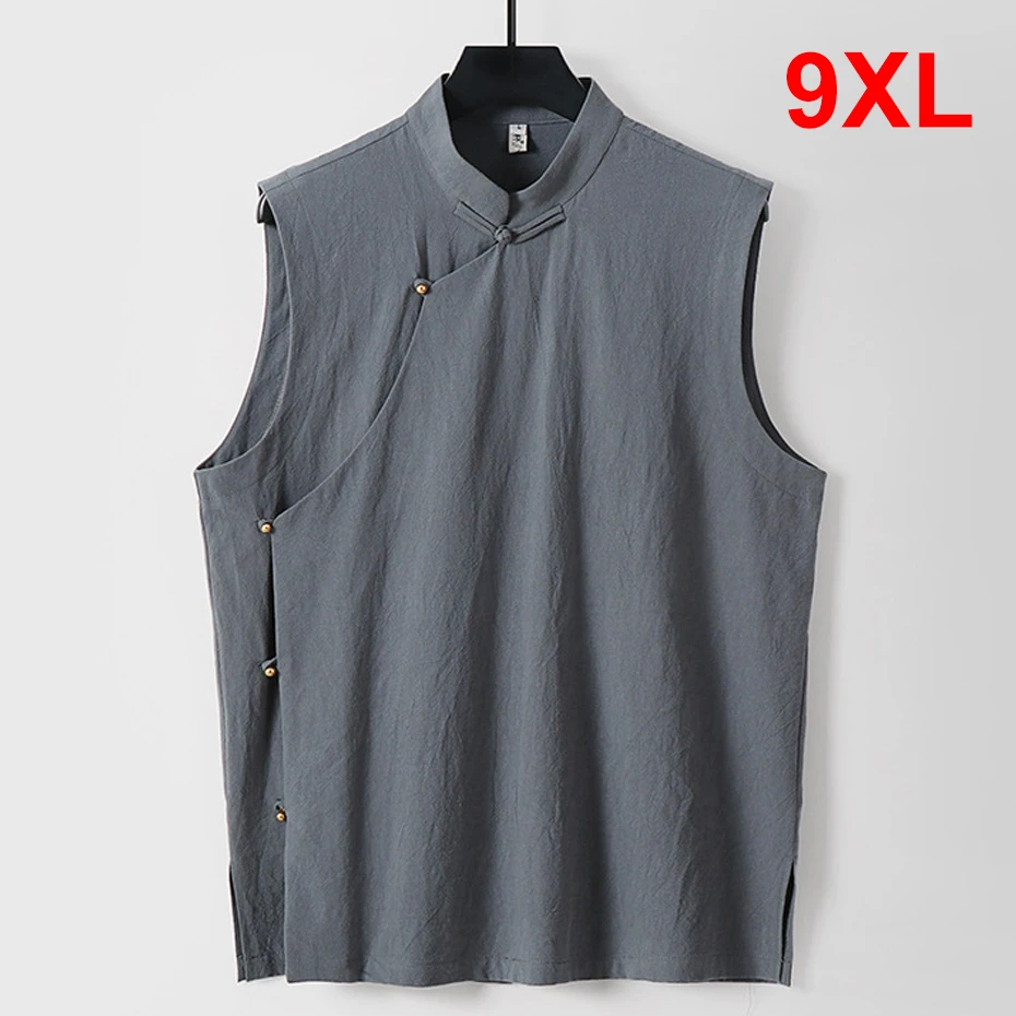 Chinese Traditional Style Vests Men Linen Vests Plus Size 9XL Fashion Casual Solid Color Tank Tops Male Big Size 9XL