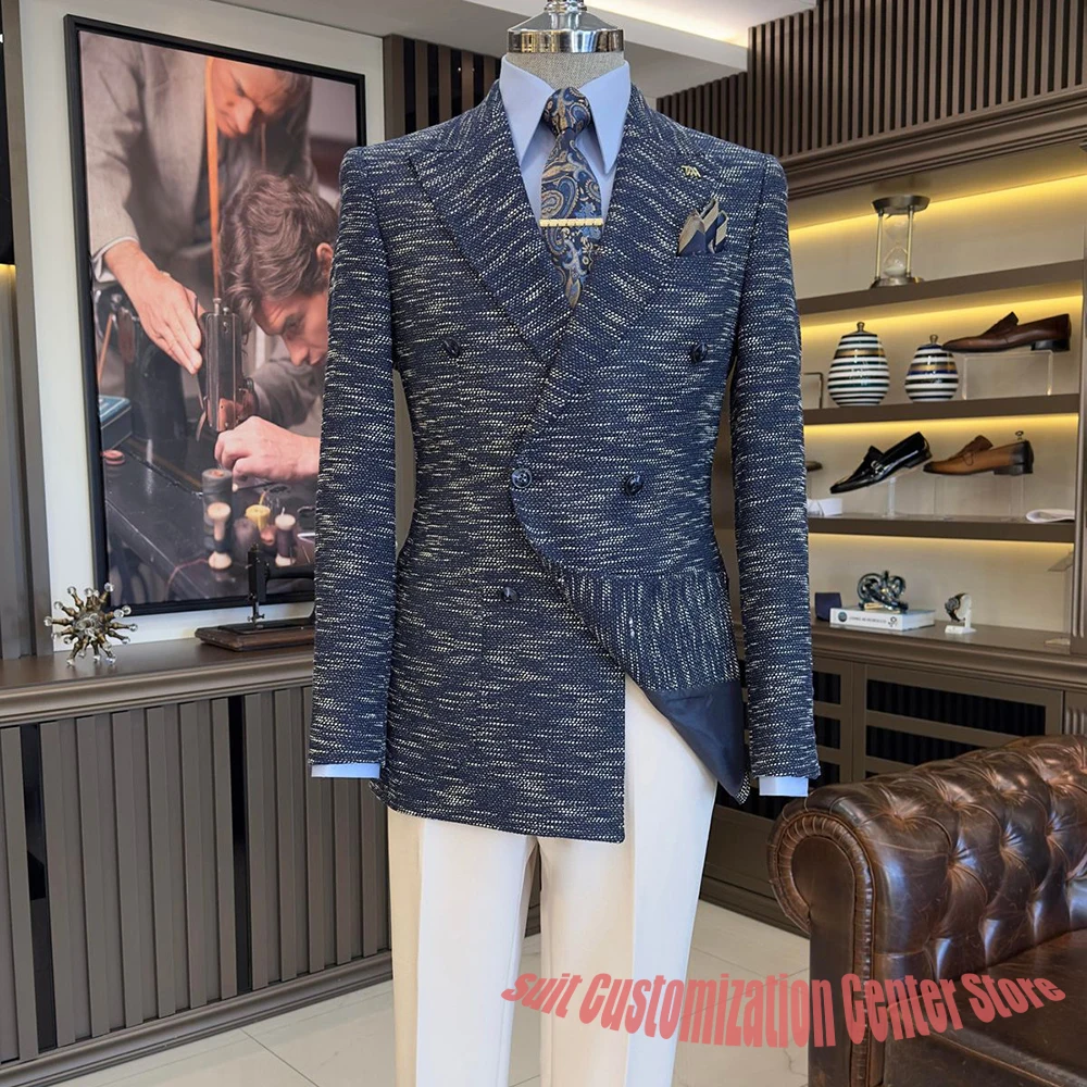 Men's Premium Navy Textured Double Breasted Suit Slim Fit Jacket+White Pants Two-Piece Set for Formal Business Wedding Parties