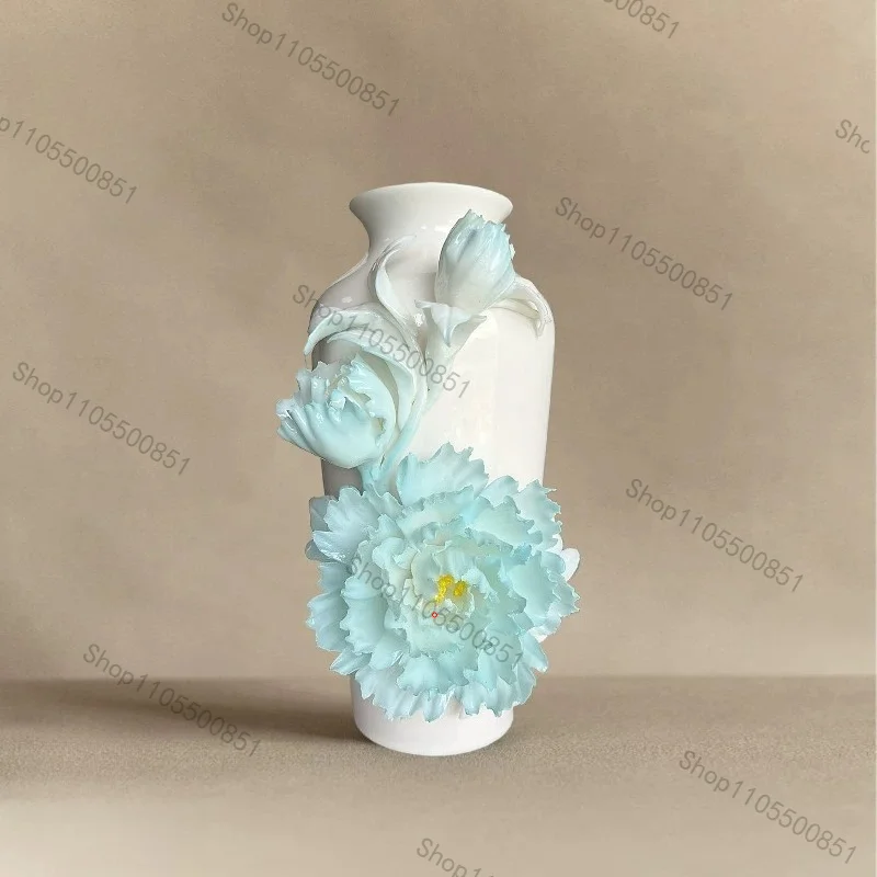Advanced Sense Intangible Cultural Heritage Hand-squeezed Flower Ice Sea Blue Peony Flower Ceramics