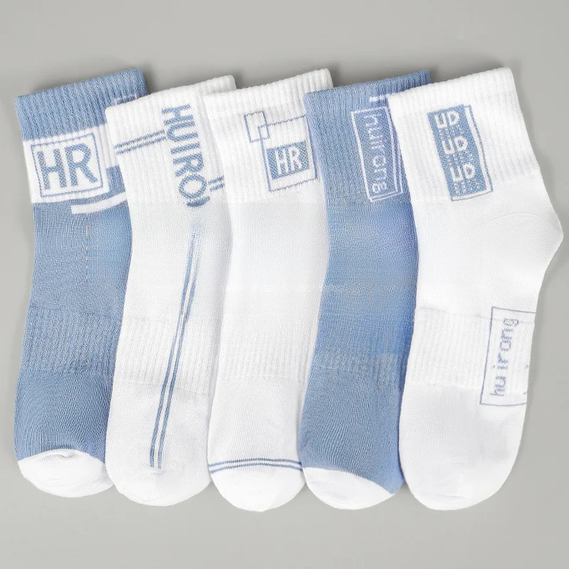 Blue White Men's Summer Thin Short Socks Pure Color Cotton Women's Sweat Absorbent Anti-Odor Mid-Calf Casual Socks
