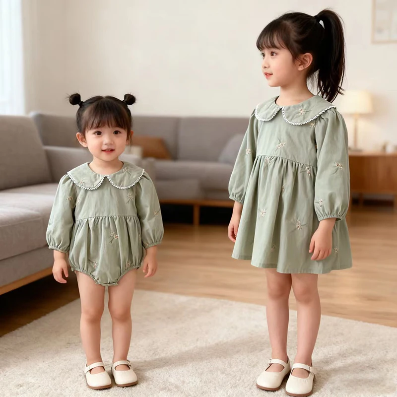 2023 neue Baby Mädchen Blume Stickerei Party Kleid Herbst Kind Prinzessin Kleid 0-6Y Lange Ärmel Baby Mädchen Romper Kinder kleidung