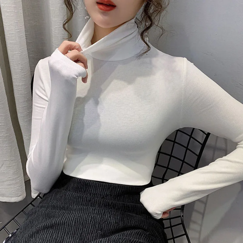 Heap Neck Warm Knitted Pullover Sweater Women  Spring Fashion Elegant Jumpers Woman Solid Basic Slim Fit Tops Mujer